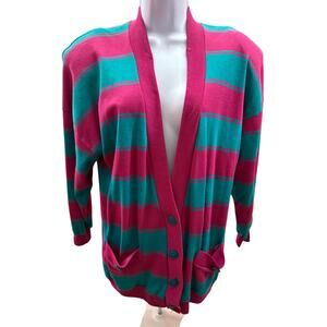 Vtg Peter Popovitch women M Striped Pink Green Button V Neck Slouchy cardigan